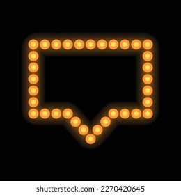 Abstract speech bubble silhouette with star lamp lights isolated on black background. Glowing shiny electric bulbs frame for holiday and event banners and posters