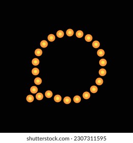 Silueta abstracta de burbuja de habla con luces de luz estrelladas aisladas sobre fondo negro. Luminosas bombillas eléctricas marco para carteles y afiches de fiestas y eventos