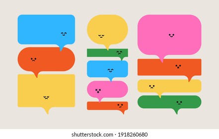 Abstract speech bubbles. Cartoon colorful geometric shapes cute emoji faces, message comic icons. Vector illustration