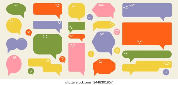 Abstract speech bubbles. Cartoon colorful geometric shapes cute emoji faces, message comic icons