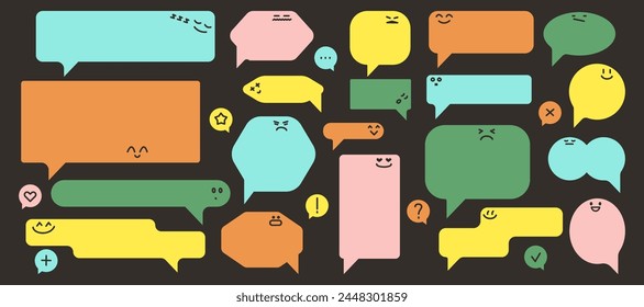 Abstractas burbujas del habla. Dibujos animados Formas geométricas coloridas caras de emoji lindos, iconos de cómic de mensajes