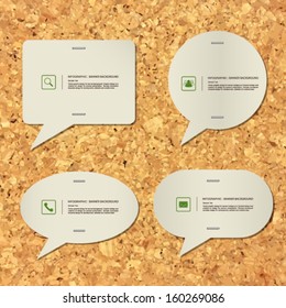 Abstract speech bubbles of paper banner with media and communication icon on cork board texture background - Vector illustration