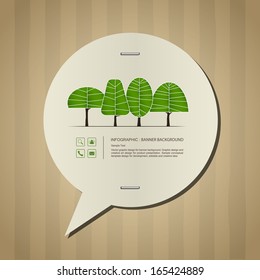 Abstract speech bubbles of paper banner and abstract trees symbol stick on cardboard paper texture background, Natural banner idea concept - Vector illustration