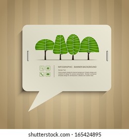 Abstract speech bubbles of paper banner and abstract trees symbol stick on cardboard paper texture background, Natural banner idea concept - Vector illustration