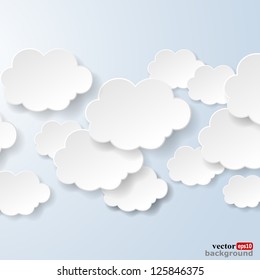 Abstract speech bubbles in the shape of clouds used in a social networks on light blue background. Cloud computing concept. Vector eps10 illustration