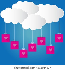 Abstract speech bubbles in the shape of clouds with pink heart icon  hung on light blue background.  