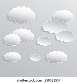 Abstract speech bubbles in the shape of clouds used in a social networks on light blue background. Cloud computing concept. Vector eps10 illustration