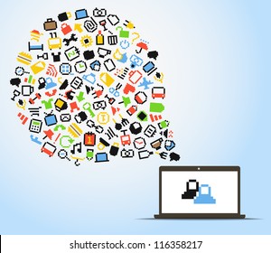 Nube de voz abstracta de iconos de píxeles y computadora