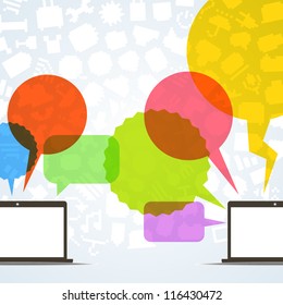 Abstract speech clouds and two connected computers