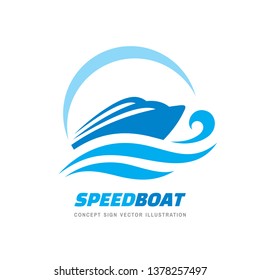Abstract speed boat and blue sea waves - vector business logo template concept illustration. Ocean ship graphic creative sign. Marine float transport symbol. Nautical icon. Design element. 