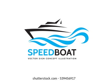 Abstract speed boat and blue sea waves - vector business logo template concept illustration. Ocean ship graphic creative sign. Marine float transport symbol. Nautical icon. Design element. 