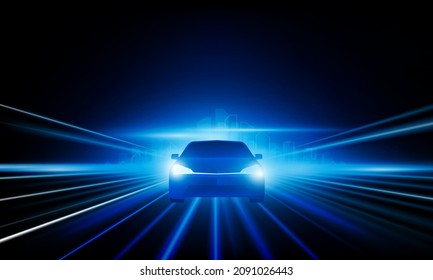 Abstract speed Business Start up launching product with Electric car and city concept Hitech communication concept innovation background,  vector design