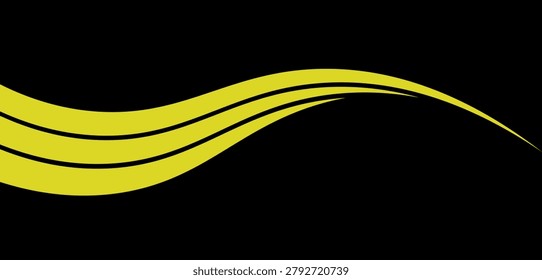 Abstract speed concept background with dynamic yellow ribbons on a black surface.