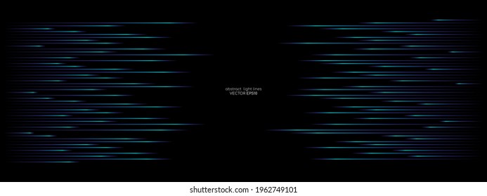 Abstract speed dynamic movement  light lines pattern in blue green colors isolated on black background with empty space for banner in concept of AI technology, 5G, digital, communication.