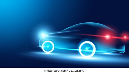 Abstract speed electric cars In the illustration, electric cars are powered by electric energy. Future energy.on blue background