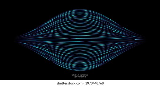 Abstract speed light curve lines movement dynamic pattern in blue green colors isolated on black background in concept of AI technology, 5G, digital, communication.
