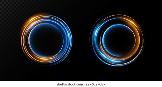 Abstract speed light lines with blue and yellow sparkles. Portal and frame. Light everyday glowing effect. semicircular wave, light trail curve swirl, car headlights, incandescent optical fiber png.
