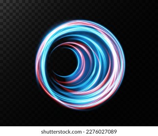 Abstract speed light lines with blue and yellow sparkles. Portal and frame. Light everyday glowing effect. semicircular wave, light trail curve swirl, car headlights, incandescent optical fiber png.
