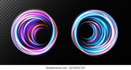 Abstract speed light lines with blue and yellow sparkles. Portal and frame. Light everyday glowing effect. semicircular wave, light trail curve swirl, car headlights, incandescent optical fiber png.
