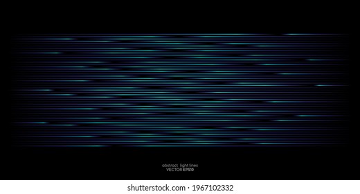 Resumen de la velocidad de las líneas de luz del movimiento patrón dinámico en colores verdes azules aislados en el fondo negro en el concepto de tecnología AI, 5G, digital, comunicación.