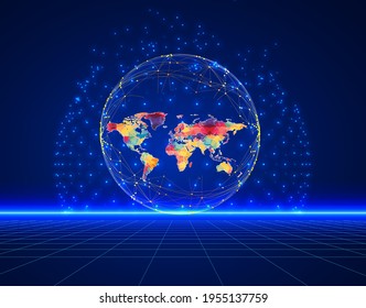 Abstrakte Geschwindigkeit Leuchtende Technologie Hintergrund High-Tech Kommunikationskonzept Innovation senden für Erde mit Sonnenaufgang und Technologienetzwerk.
