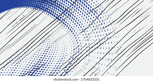 Plantilla de diseño de Anuncio de semitono azul de estilo de línea de velocidad Abstractas. patrón de puntos de semitono blanco y azul con textura grunge. Estilo deportivo blanco y negro punto pop art cómic.