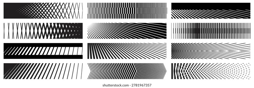Abstract speed lines and halftone racing stripe border collection for motorsport vector illustration set.