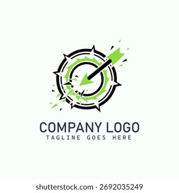 Logotipo de velocidade abstrata com seta geométrica e explosão de onda de choque em vermelho, preto e branco