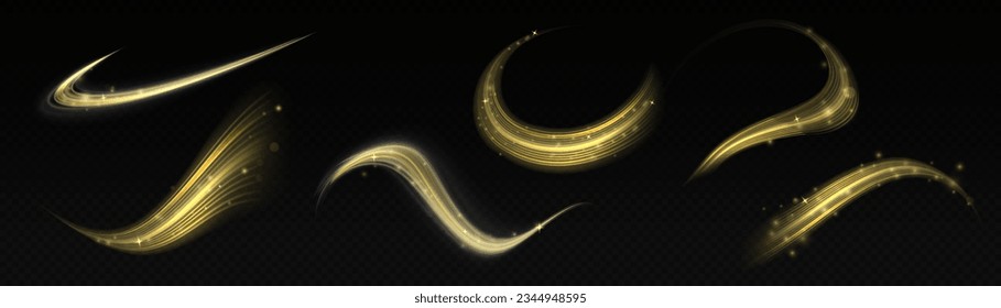 Abstract speed motion vector effect. Shiny wavy trail. Glowing shiny spiral lines abstract speed of light and shiny wavy trail. Glitter golden swirl on transparent background. Twist light line yellow.