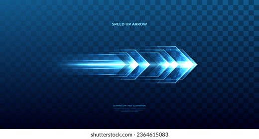 Rápido movimiento abstracto de flechas. Flecha de energía con efecto de luz de velocidad. Signo web brillante aislado sobre fondo de tecnología azul oscuro. Ilustración vectorial de malla baja en estilo futurista.