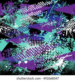 Abstract speed pattern for boy. Urban grunge style on dark chaos background with colorful spray paint, ink, speed squares, triangles and shape elements.Modern creative wallpaper for guys.