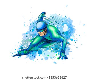 Abstract speed skater from splash of watercolors. Winter sport Short track. Vector illustration of paints