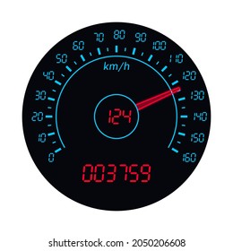 Abstract speedometer in dark color with blue numbers and red arrow on white background. Scale from 0 to 160. Vector illustration.