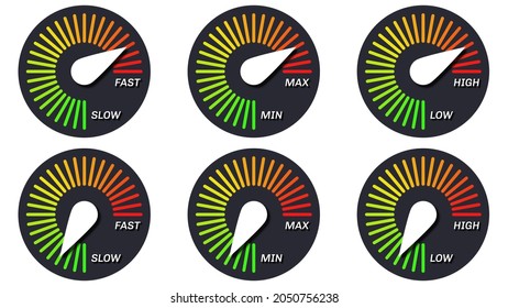 Abstract speedometer with scale from green to red. Slow and fast. Minimum and maximum. Low and high. Vector illustration.