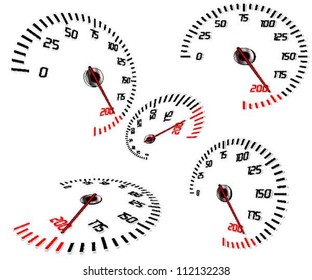 Abstract speedometers, normal and perspective views, vector, isolated in white