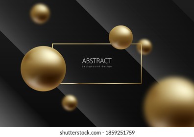Abstract sphere background. Golden balls on black volume geometric backdrop. Gold frame header. Blured globes. Luxury trendy design
