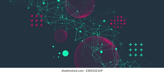 Abstract sphere background with plexus effect. 3D surface. Handmade Vector illustration.