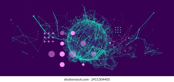 Abstract sphere background with plexus effect. 3D surface. Hand made vector illustration.