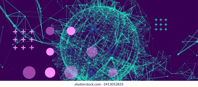 Abstract sphere background with plexus effect. 3D surface. Hand made vector illustration.