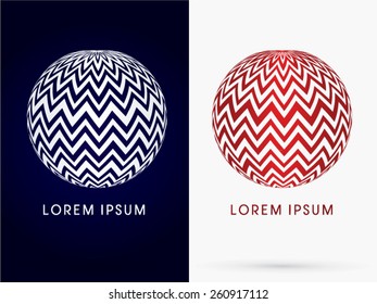 Abstract sphere ball, designed using white and red zigzag line, logo, symbol, icon, graphic, vector.