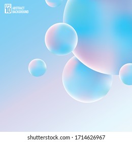 Abstract sphere balls or bubles in blue hologram color. 3D liquid fluid circles pastel color beautiful background. Creative minimal template for cover brochure, flyer, poster, wallpaper, banner web.