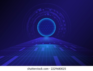 Abstract sphere and circuit board on perspective grid technology background.