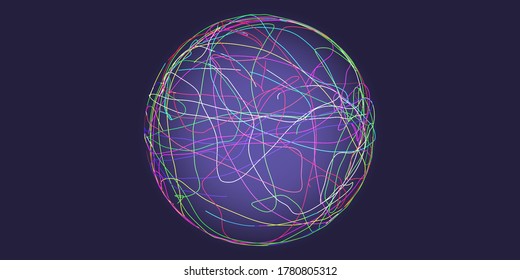 Abstract sphere from colourful curved lines in dark. Modern vector graphic design. 