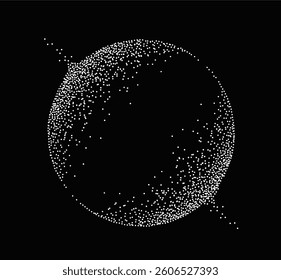 Abstract sphere composed of scattered white particles forming a circular shape on black background, representing futuristic digital or space concept. Vector illustration