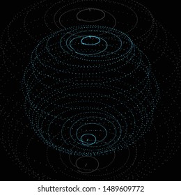 Abstract sphere of dots on dark background. Partial particles. Abstract noisy pulsating sphere. 3d rendering.Vector illustration.