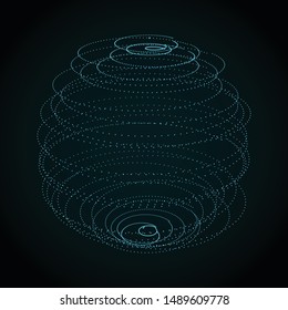 Abstract sphere of dots on dark background. Partial particles. Abstract noisy pulsating sphere. 3d rendering.Vector illustration.