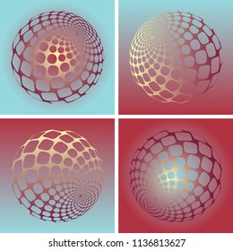 abstract sphere with dotted grid in four phases and gold shades