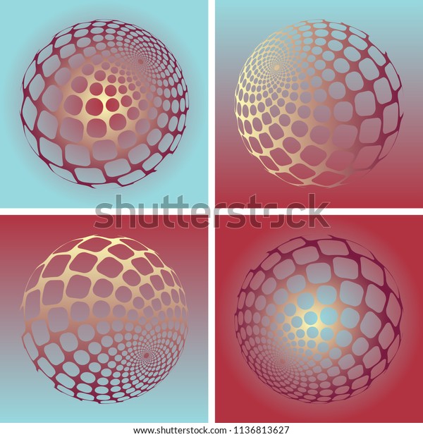 abstract sphere with dotted grid in four phases\
and gold shades