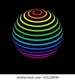 Abstract Sphere Element with Color Striped Pattern Envelope Isolated on Black  Background