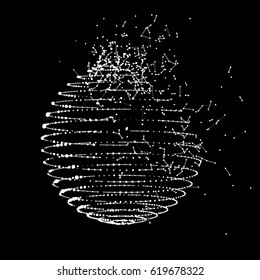 Abstract sphere explosion made of points and dots. White globe isolated on black background.